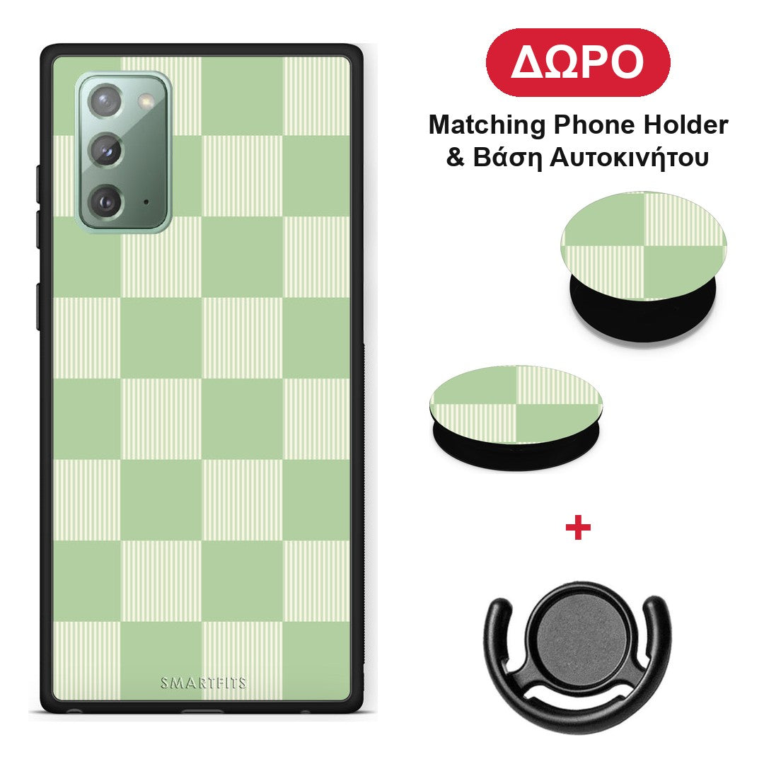 Sage and Cream Striped Checks - Samsung Galaxy Note 20 θήκη + Δώρο Phone Holder & Βάση Αυτοκινήτου