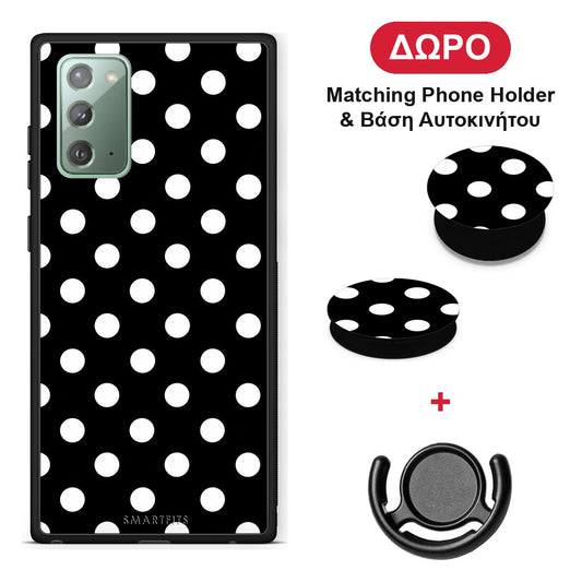 White Polka Dots on Black - Samsung Galaxy Note 20 θήκη + Δώρο Phone Holder & Βάση Αυτοκινήτου