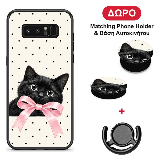 Black Kitten Pink Bow and Polka Dots - Samsung Galaxy Note 8 θήκη + Δώρο Phone Holder & Βάση Αυτοκινήτου