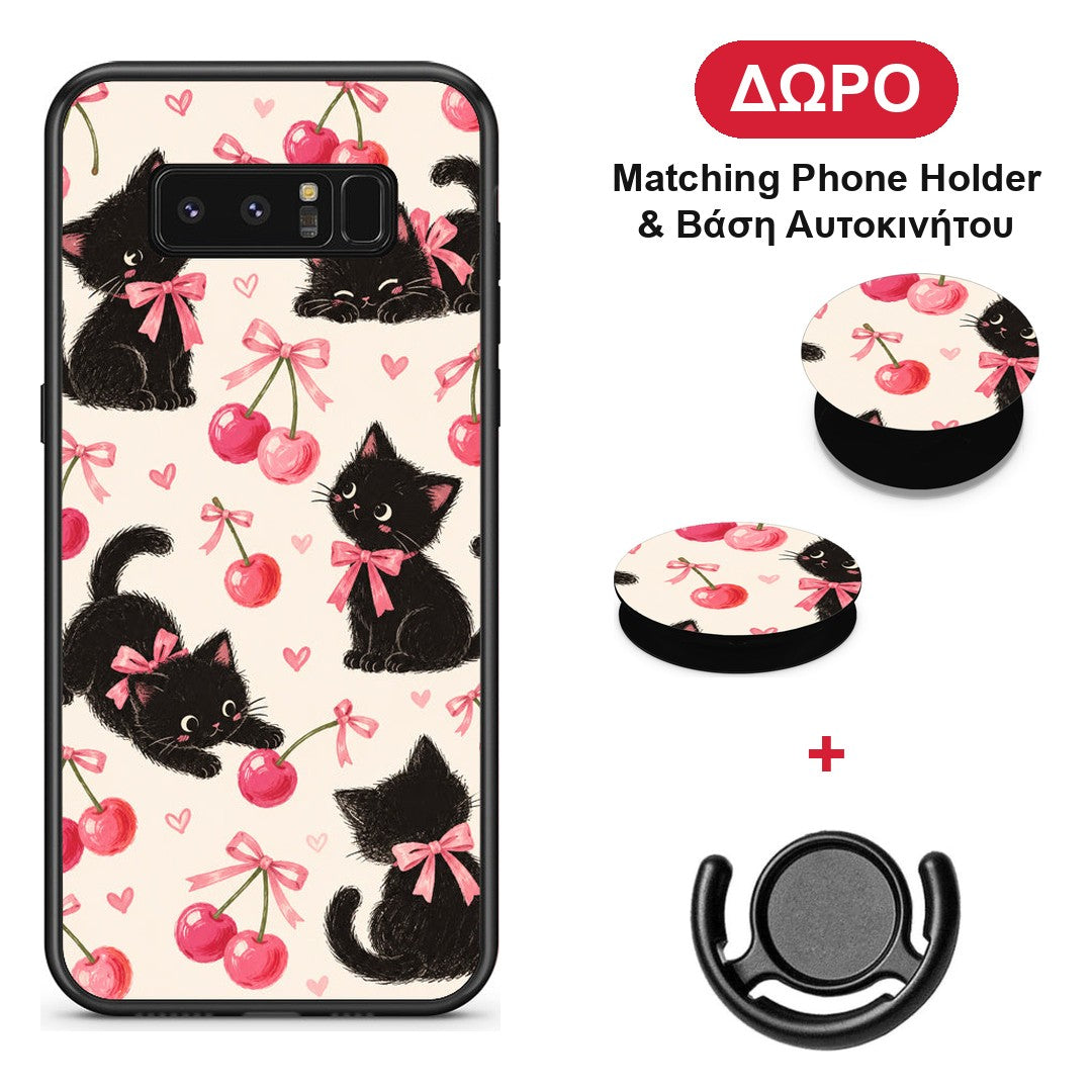 Black Kittens and Cherries on Cream - Samsung Galaxy Note 8 θήκη + Δώρο Phone Holder & Βάση Αυτοκινήτου