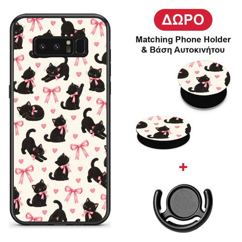 Black Kittens and Pink Bows on Cream Small - Samsung Galaxy Note 8 θήκη + Δώρο Phone Holder & Βάση Αυτοκινήτου