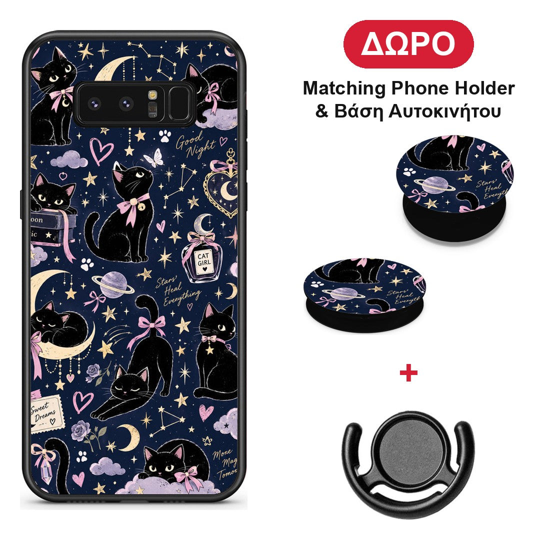 Celestial Black Cats on Navy - Samsung Galaxy Note 8 θήκη + Δώρο Phone Holder & Βάση Αυτοκινήτου