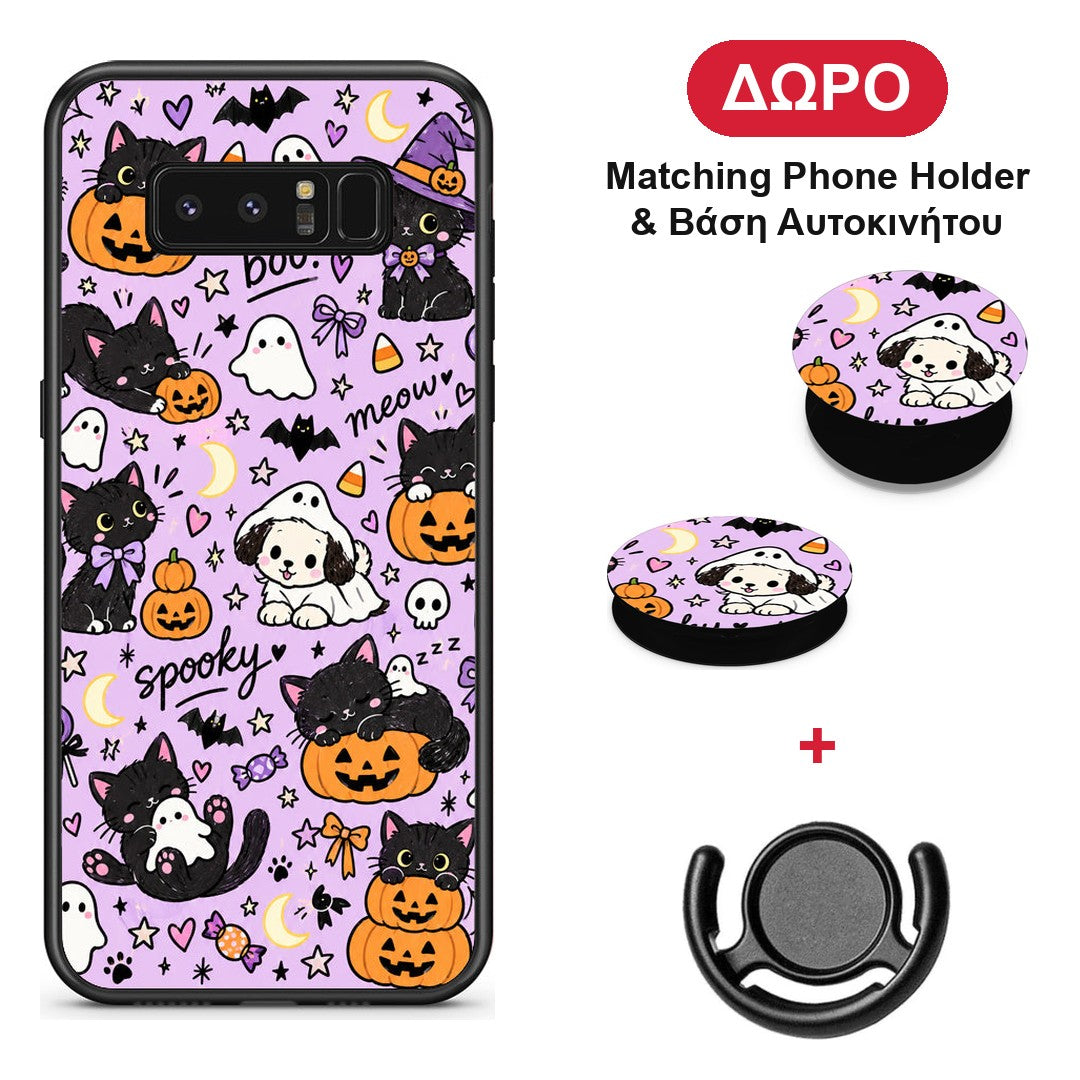 Halloween Black Cats on Lilac - Samsung Galaxy Note 8 θήκη + Δώρο Phone Holder & Βάση Αυτοκινήτου