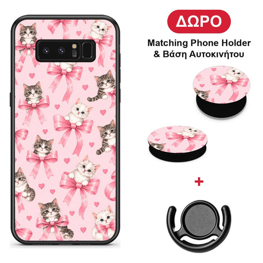 Kittens and Pink Bows on Pink - Samsung Galaxy Note 8 θήκη + Δώρο Phone Holder & Βάση Αυτοκινήτου