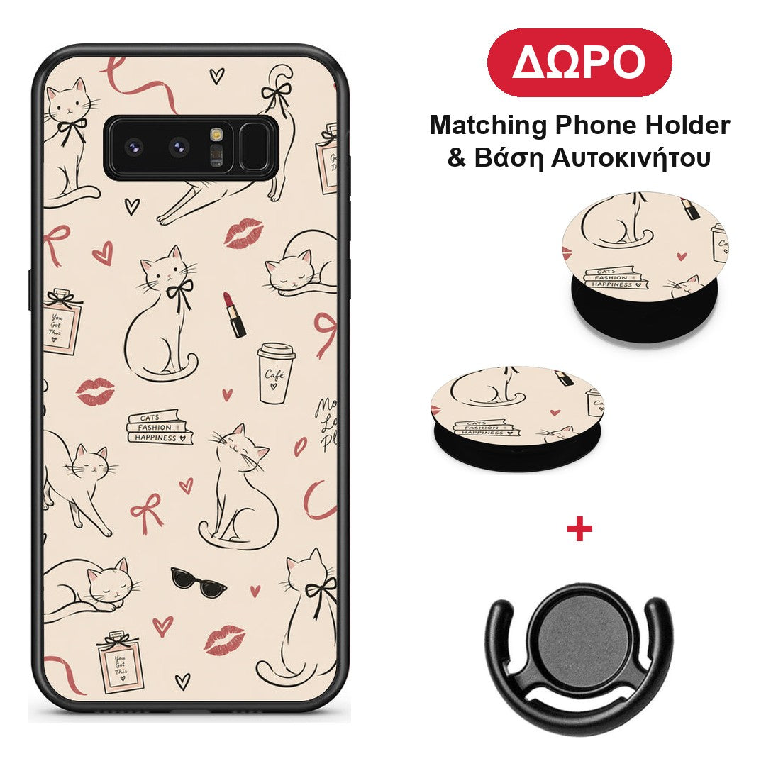 Minimal Cat and Fashion Doodles on Cream - Samsung Galaxy Note 8 θήκη + Δώρο Phone Holder & Βάση Αυτοκινήτου