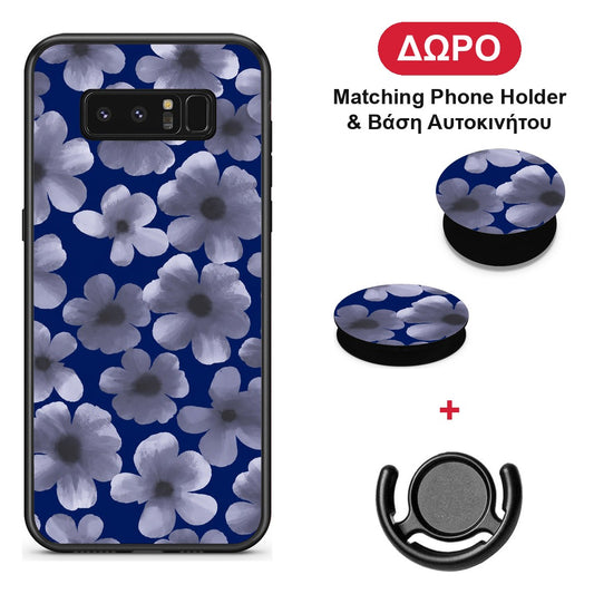 Pale Blue Flowers on Navy - Samsung Galaxy Note 8 θήκη + Δώρο Phone Holder & Βάση Αυτοκινήτου