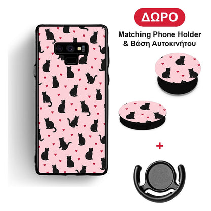 Black Cat Silhouettes and Hearts on Pink - Samsung Galaxy Note 9 θήκη + Δώρο Phone Holder & Βάση Αυτοκινήτου
