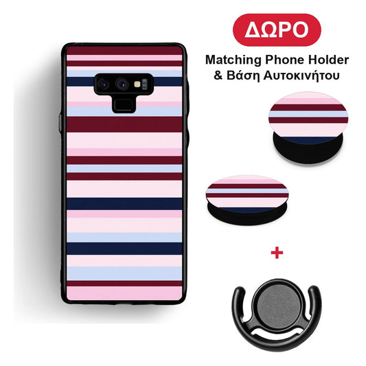 Burgundy Pink and Blue Horizontal Stripes - Samsung Galaxy Note 9 θήκη + Δώρο Phone Holder & Βάση Αυτοκινήτου