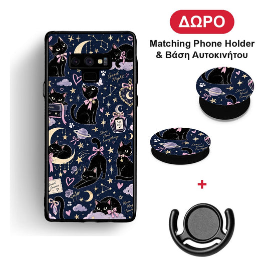 Celestial Black Cats on Navy - Samsung Galaxy Note 9 θήκη + Δώρο Phone Holder & Βάση Αυτοκινήτου