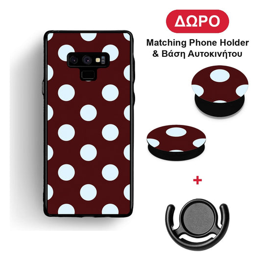 Pale Blue Large Polka Dots on Burgundy - Samsung Galaxy Note 9 θήκη + Δώρο Phone Holder & Βάση Αυτοκινήτου