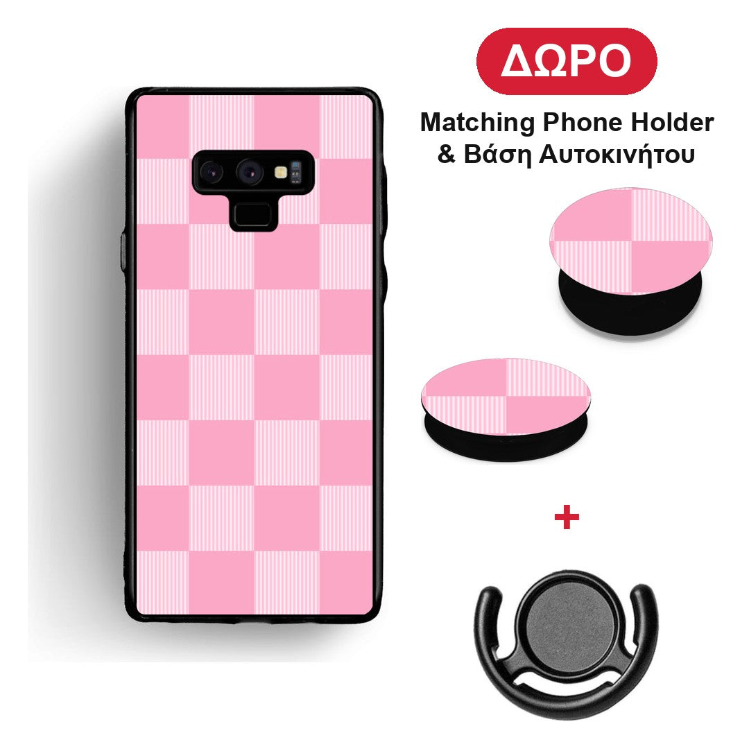 Pink and White Striped Checks - Samsung Galaxy Note 9 θήκη + Δώρο Phone Holder & Βάση Αυτοκινήτου