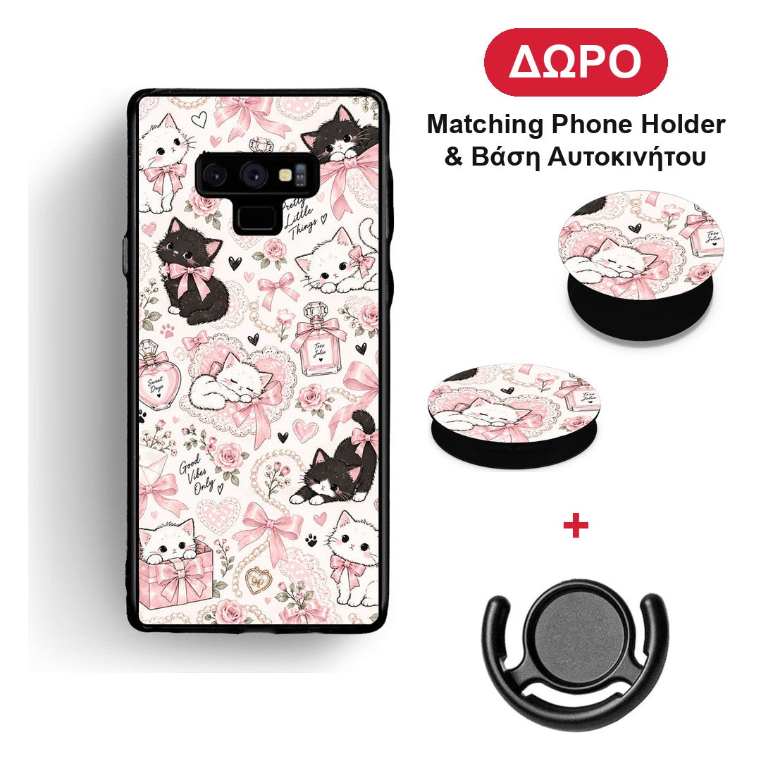 Pink Bows and Kittens Collage - Samsung Galaxy Note 9 θήκη + Δώρο Phone Holder & Βάση Αυτοκινήτου
