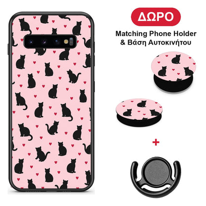 Black Cat Silhouettes and Hearts on Pink - Samsung Galaxy S10 θήκη + Δώρο Phone Holder & Βάση Αυτοκινήτου