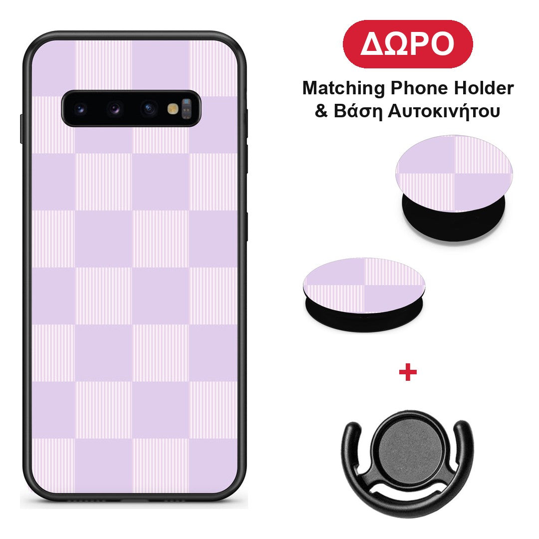 Lilac and Cream Striped Checks - Samsung Galaxy S10 θήκη + Δώρο Phone Holder & Βάση Αυτοκινήτου