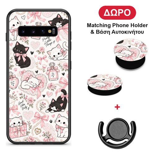 Pink Bows and Kittens Collage - Samsung Galaxy S10 θήκη + Δώρο Phone Holder & Βάση Αυτοκινήτου