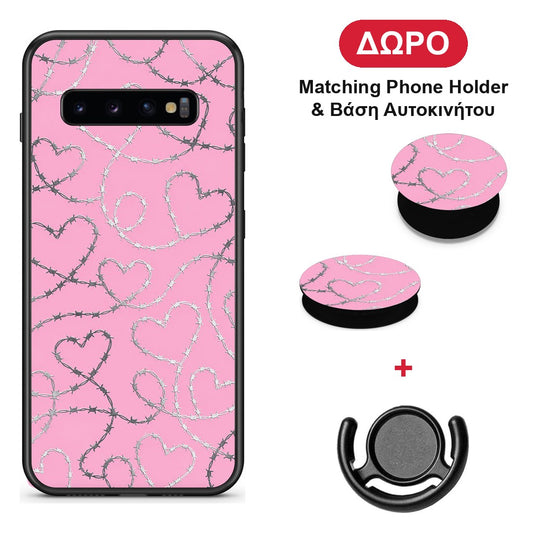 Barbed Wire Hearts on Pink - Samsung Galaxy S10+ θήκη + Δώρο Phone Holder & Βάση Αυτοκινήτου