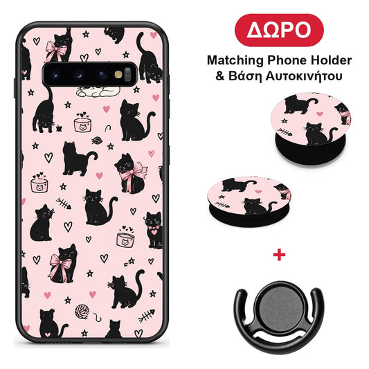 Black Cat Doodles on Pink - Samsung Galaxy S10+ θήκη + Δώρο Phone Holder & Βάση Αυτοκινήτου