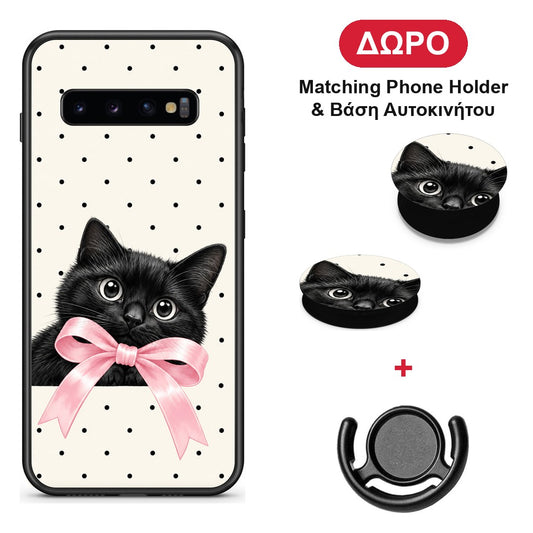 Black Kitten Pink Bow and Polka Dots - Samsung Galaxy S10+ θήκη + Δώρο Phone Holder & Βάση Αυτοκινήτου