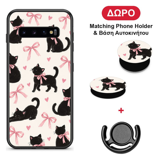 Black Kittens and Pink Bows on Cream Large - Samsung Galaxy S10+ θήκη + Δώρο Phone Holder & Βάση Αυτοκινήτου