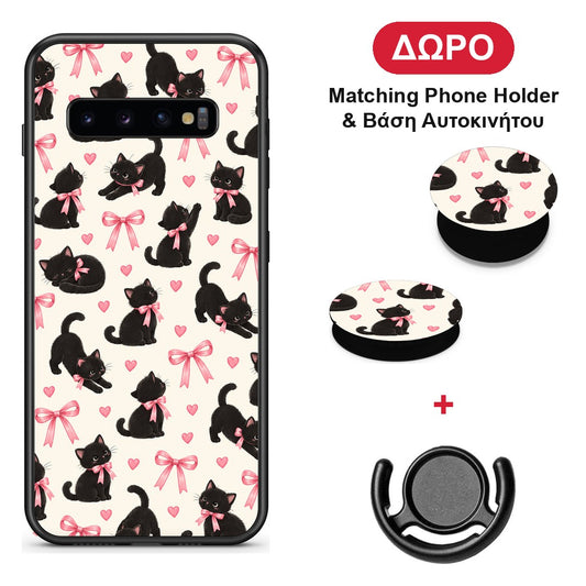 Black Kittens and Pink Bows on Cream Small - Samsung Galaxy S10+ θήκη + Δώρο Phone Holder & Βάση Αυτοκινήτου