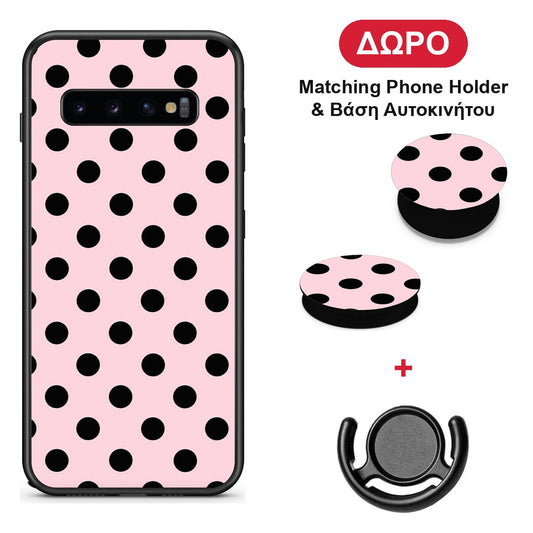 Black Polka Dots on Pink - Samsung Galaxy S10+ θήκη + Δώρο Phone Holder & Βάση Αυτοκινήτου
