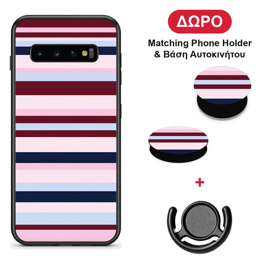 Burgundy Pink and Blue Horizontal Stripes - Samsung Galaxy S10+ θήκη + Δώρο Phone Holder & Βάση Αυτοκινήτου