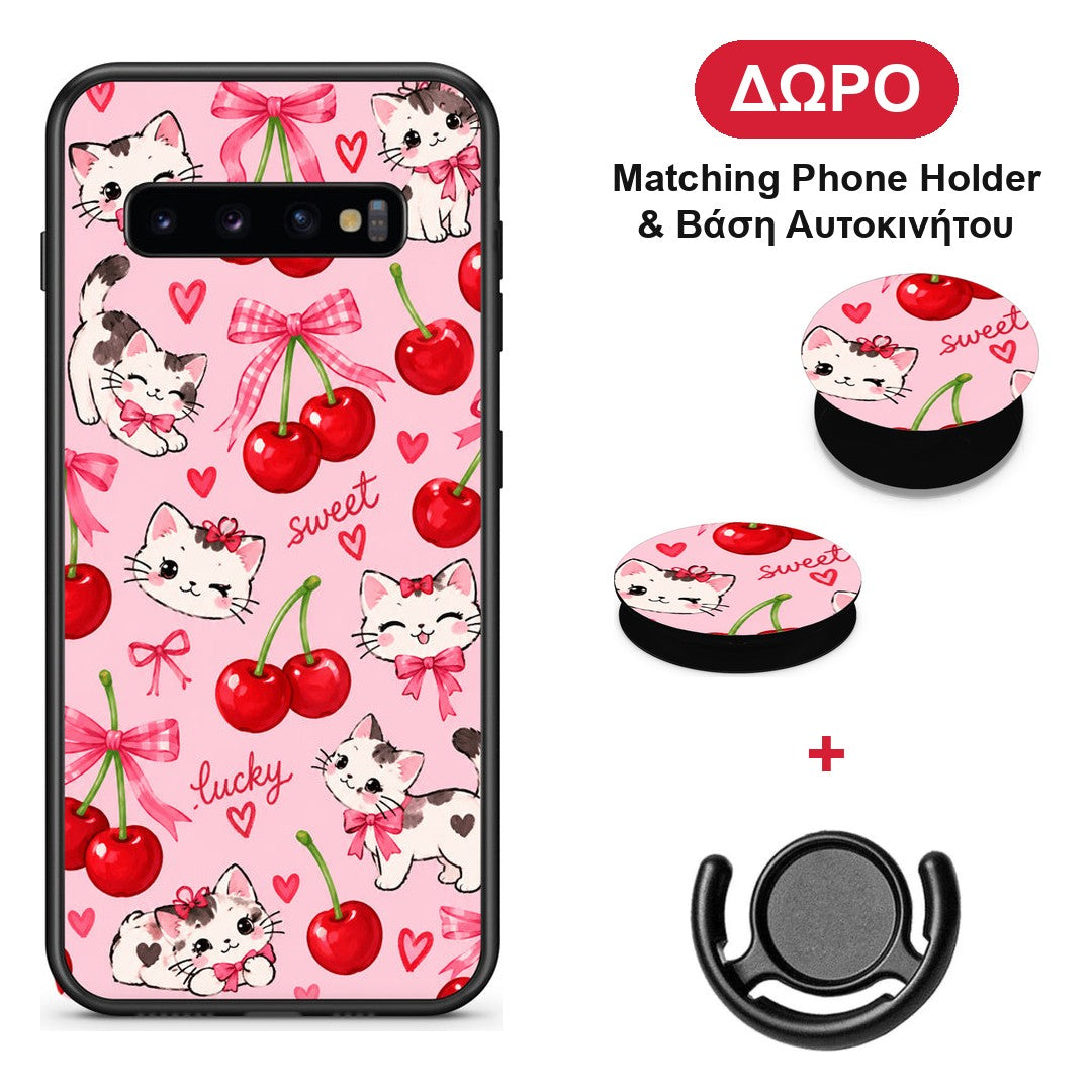 Cherries Bows and Kittens on Pink - Samsung Galaxy S10+ θήκη + Δώρο Phone Holder & Βάση Αυτοκινήτου