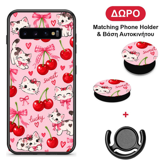 Cherries Bows and Kittens on Pink - Samsung Galaxy S10+ θήκη + Δώρο Phone Holder & Βάση Αυτοκινήτου
