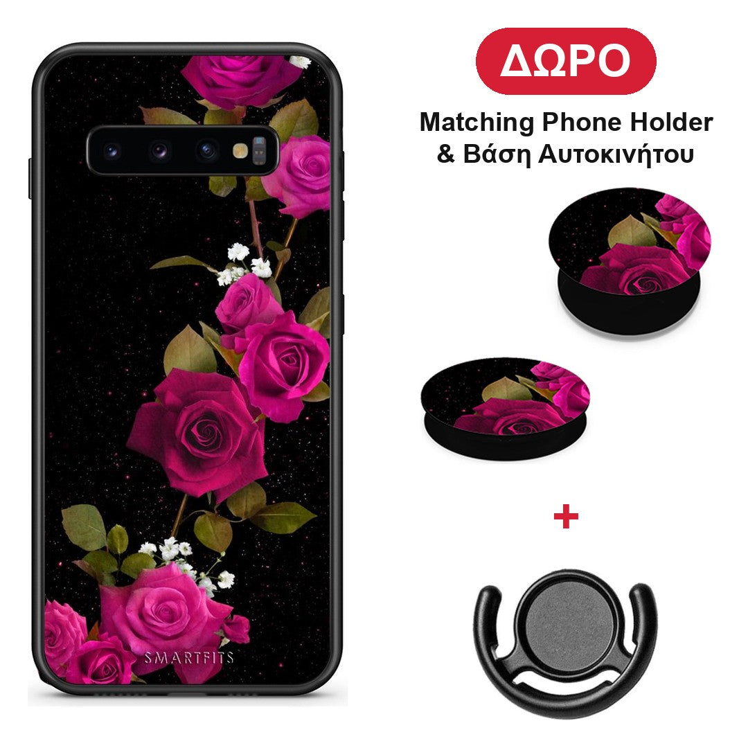 Flower Red Roses - Samsung Galaxy S10+ θήκη + Δώρο Phone Holder & Βάση Αυτοκινήτου