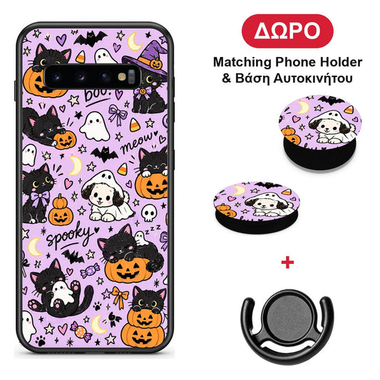 Halloween Black Cats on Lilac - Samsung Galaxy S10+ θήκη + Δώρο Phone Holder & Βάση Αυτοκινήτου