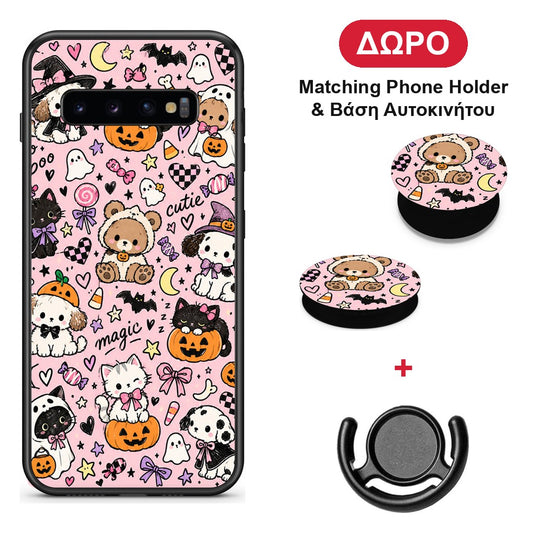 Halloween Cute Animals on Pink - Samsung Galaxy S10+ θήκη + Δώρο Phone Holder & Βάση Αυτοκινήτου