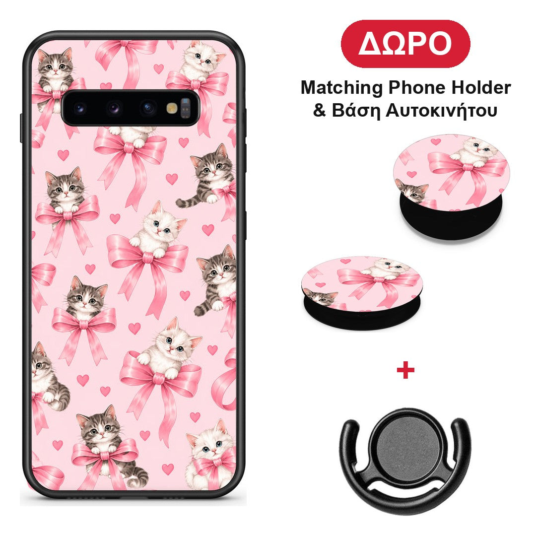 Kittens and Pink Bows on Pink - Samsung Galaxy S10+ θήκη + Δώρο Phone Holder & Βάση Αυτοκινήτου