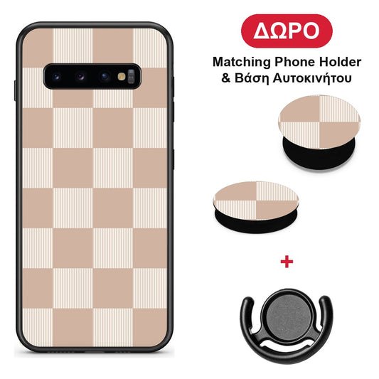 Latte and Cream Striped Checks - Samsung Galaxy S10+ θήκη + Δώρο Phone Holder & Βάση Αυτοκινήτου