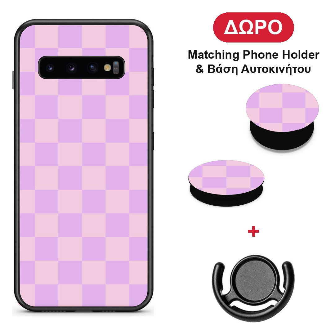 Lavender and Pink Checkerboard - Samsung Galaxy S10+ θήκη + Δώρο Phone Holder & Βάση Αυτοκινήτου
