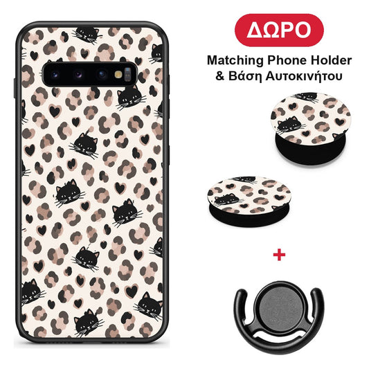 Leopard Spots and Black Cats on Cream - Samsung Galaxy S10+ θήκη + Δώρο Phone Holder & Βάση Αυτοκινήτου