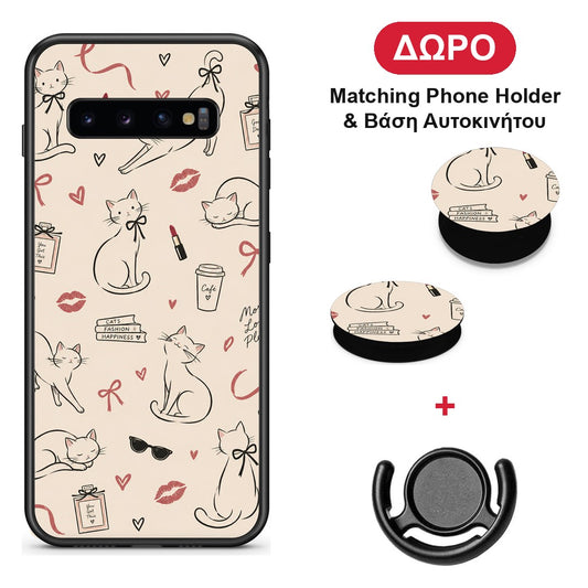 Minimal Cat and Fashion Doodles on Cream - Samsung Galaxy S10+ θήκη + Δώρο Phone Holder & Βάση Αυτοκινήτου