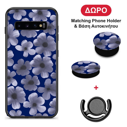 Pale Blue Flowers on Navy - Samsung Galaxy S10+ θήκη + Δώρο Phone Holder & Βάση Αυτοκινήτου