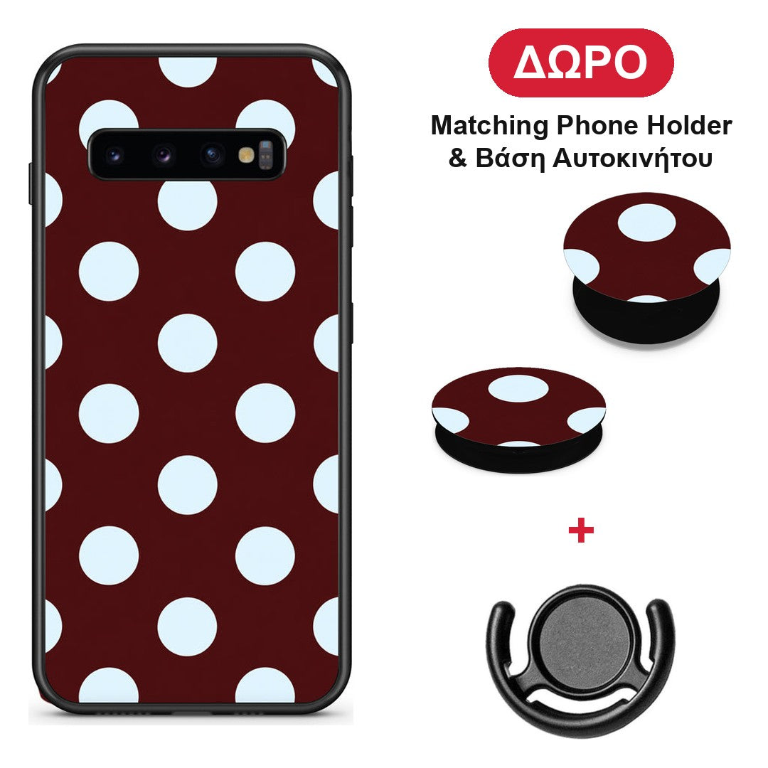 Pale Blue Large Polka Dots on Burgundy - Samsung Galaxy S10+ θήκη + Δώρο Phone Holder & Βάση Αυτοκινήτου