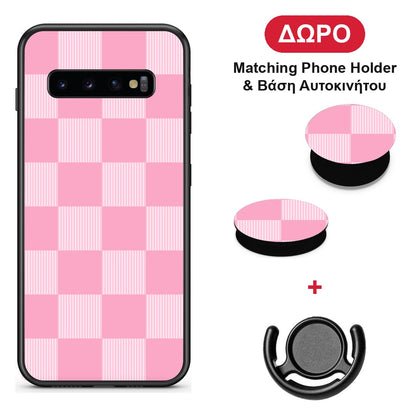 Pink and White Striped Checks - Samsung Galaxy S10+ θήκη + Δώρο Phone Holder & Βάση Αυτοκινήτου