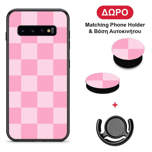 Pink and White Striped Checks - Samsung Galaxy S10+ θήκη + Δώρο Phone Holder & Βάση Αυτοκινήτου