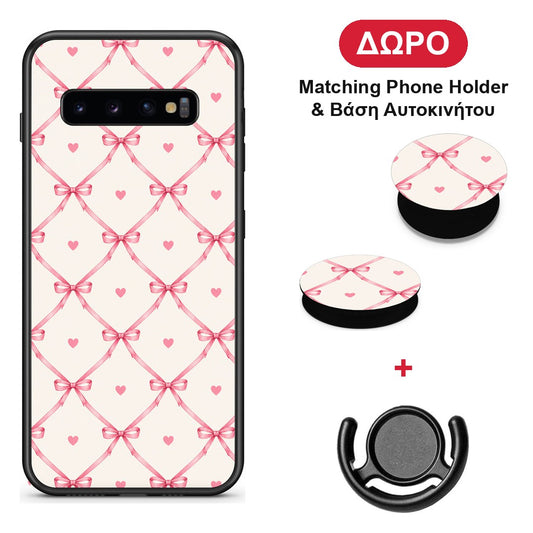 Pink Bow Lattice and Hearts on Cream - Samsung Galaxy S10+ θήκη + Δώρο Phone Holder & Βάση Αυτοκινήτου
