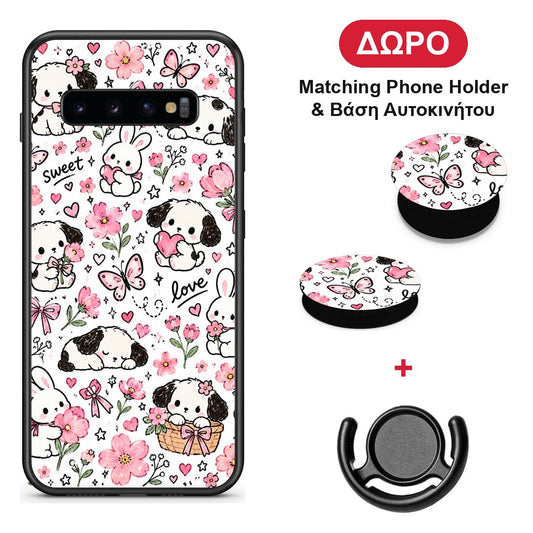 Pink Florals Puppies and Bunnies on White - Samsung Galaxy S10+ θήκη + Δώρο Phone Holder & Βάση Αυτοκινήτου