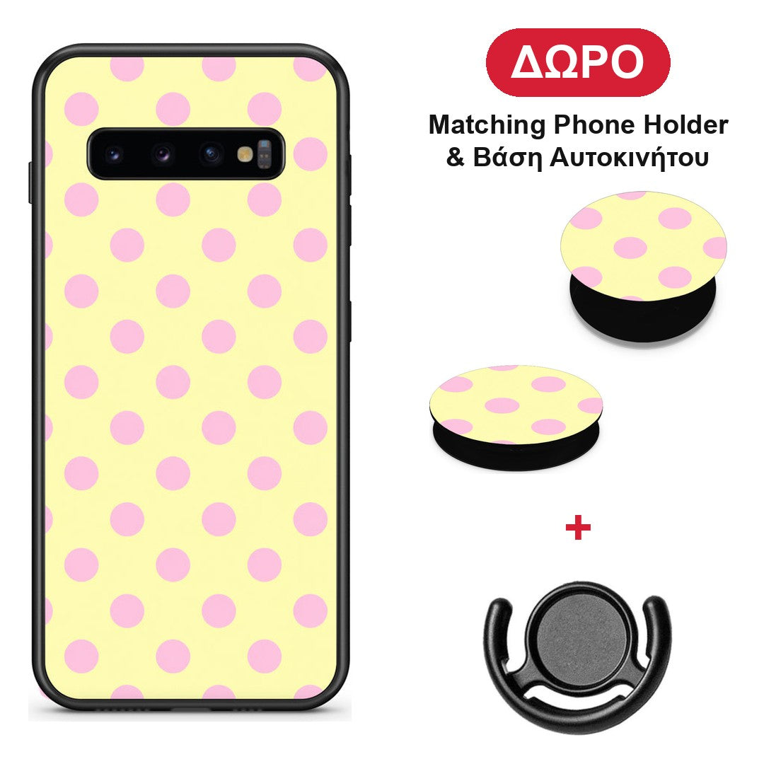 Pink Polka Dots on Yellow - Samsung Galaxy S10+ θήκη + Δώρο Phone Holder & Βάση Αυτοκινήτου