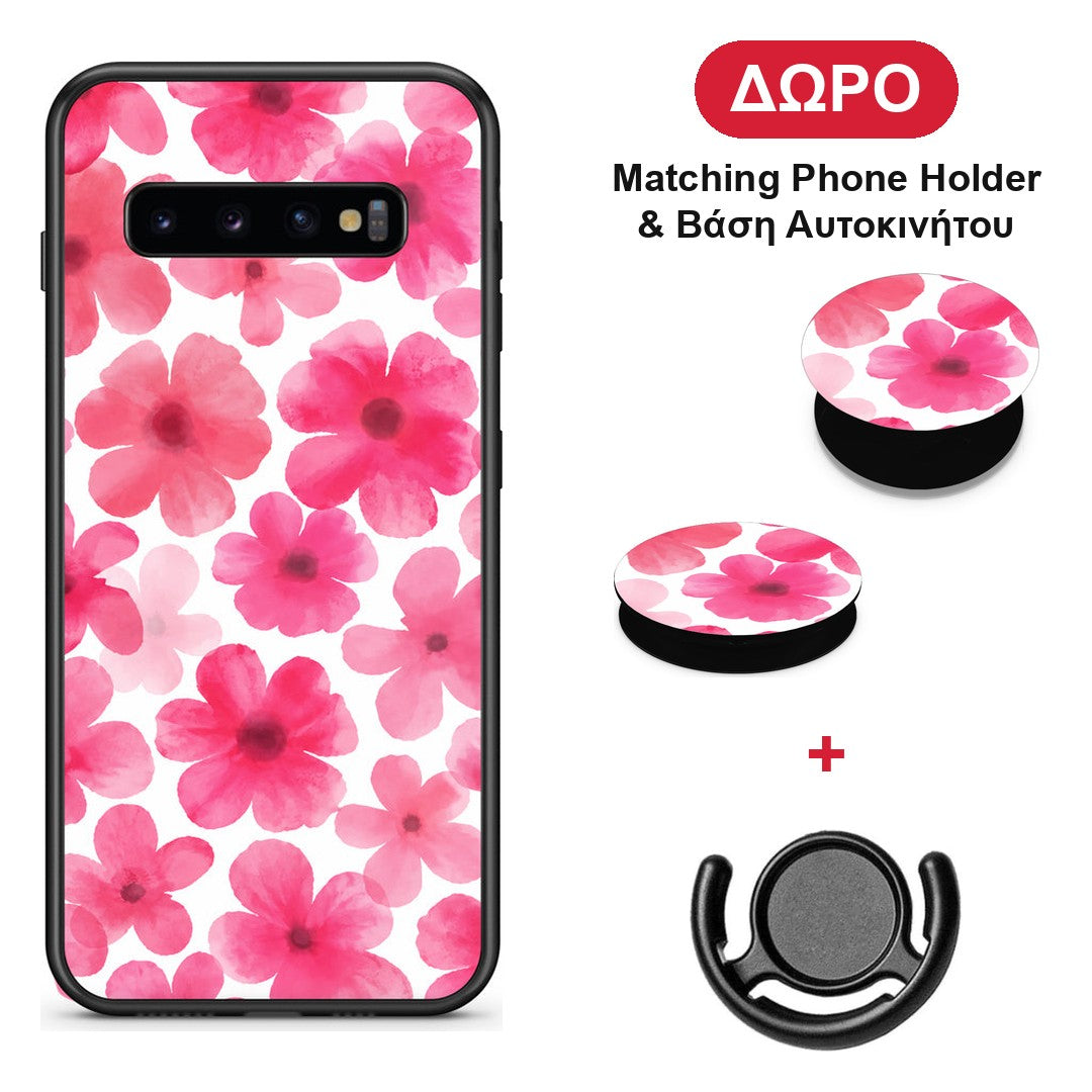 Pink Watercolour Flowers on White - Samsung Galaxy S10+ θήκη + Δώρο Phone Holder & Βάση Αυτοκινήτου