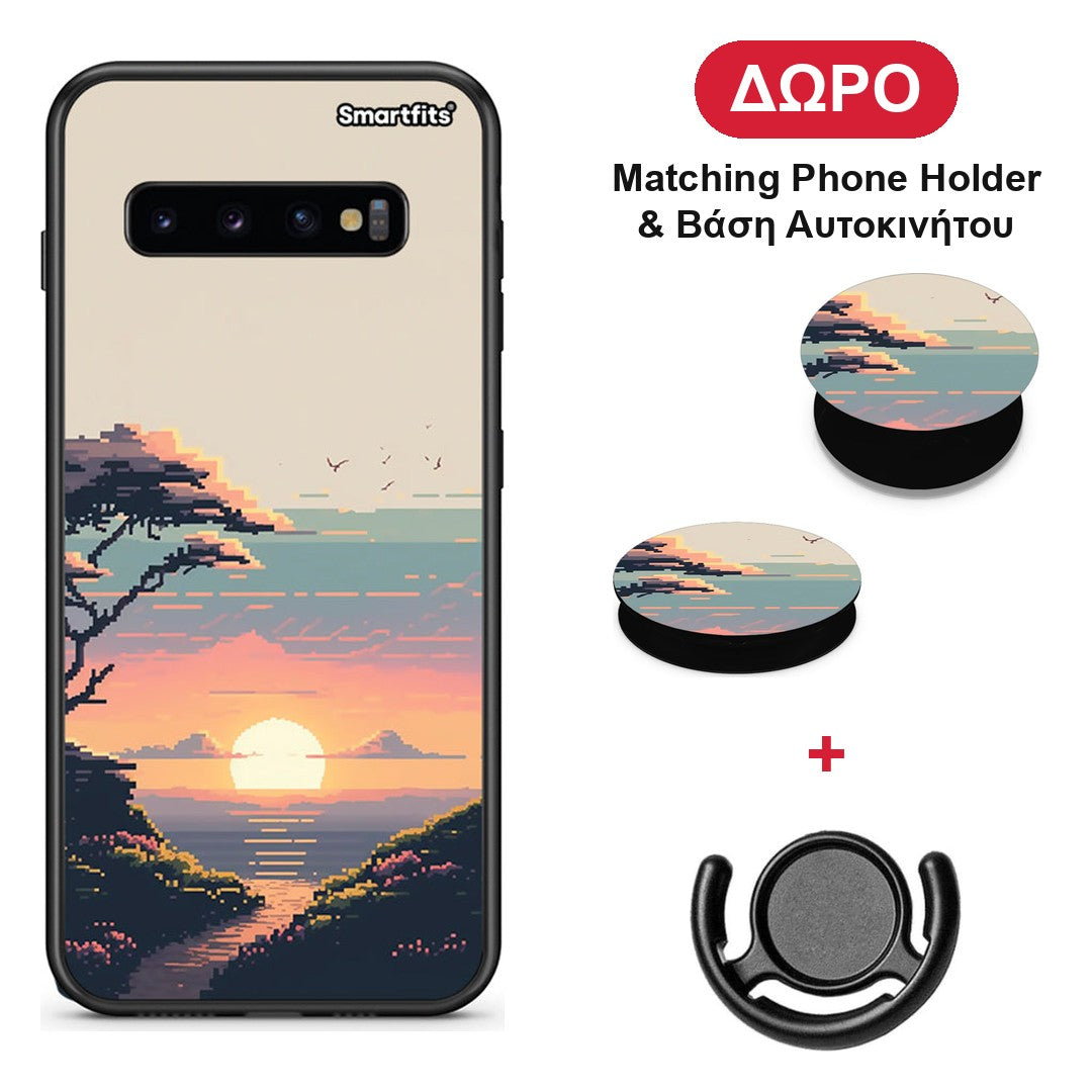 Pixel Sunset - Samsung Galaxy S10+ θήκη + Δώρο Phone Holder & Βάση Αυτοκινήτου