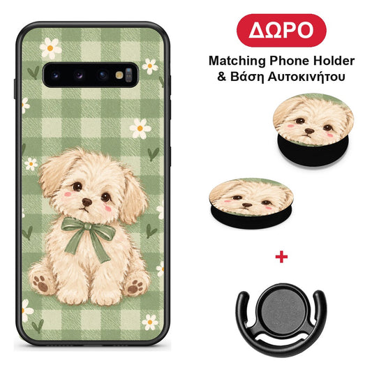 Puppy and Daisies on Sage Gingham - Samsung Galaxy S10+ θήκη + Δώρο Phone Holder & Βάση Αυτοκινήτου