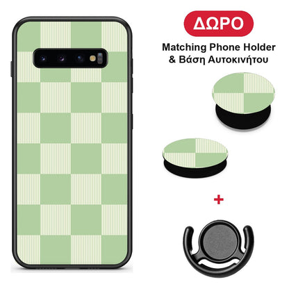 Sage and Cream Striped Checks - Samsung Galaxy S10+ θήκη + Δώρο Phone Holder & Βάση Αυτοκινήτου