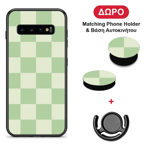 Sage and Cream Striped Checks - Samsung Galaxy S10+ θήκη + Δώρο Phone Holder & Βάση Αυτοκινήτου