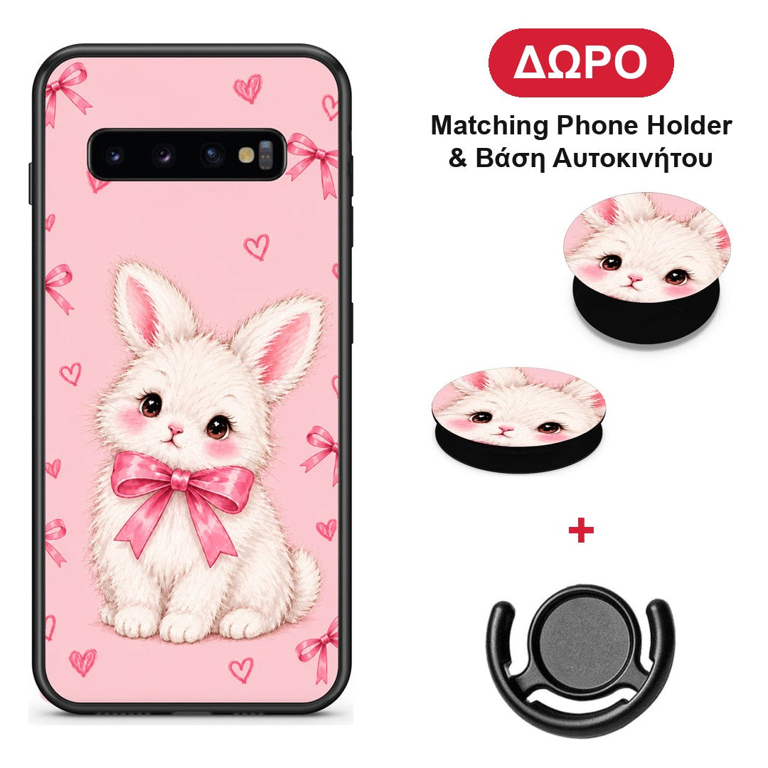 White Bunny and Pink Bows - Samsung Galaxy S10+ θήκη + Δώρο Phone Holder & Βάση Αυτοκινήτου