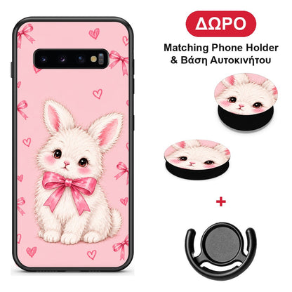 White Bunny and Pink Bows - Samsung Galaxy S10+ θήκη + Δώρο Phone Holder & Βάση Αυτοκινήτου